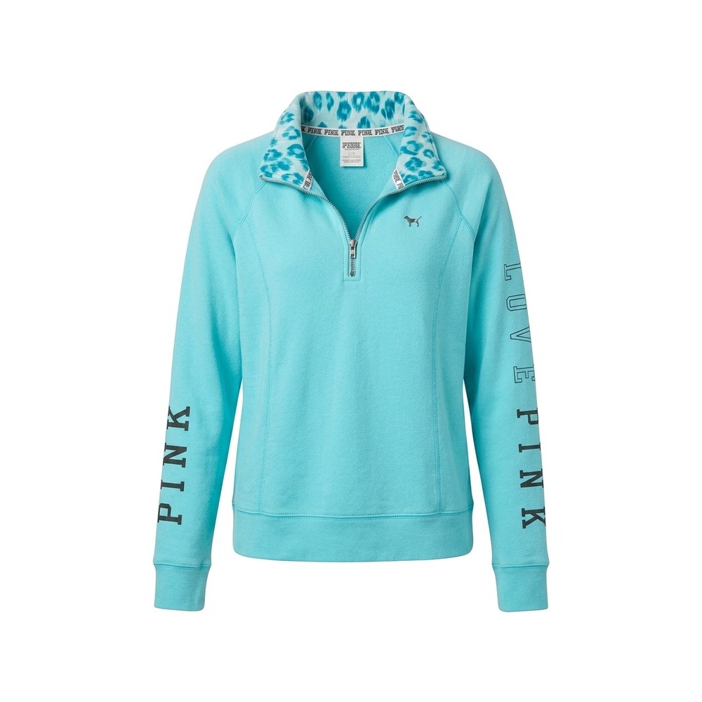 PINK‎ Victoria's Secret Quarter Zip Pullover Turquoise Leopard Collar Blue Large